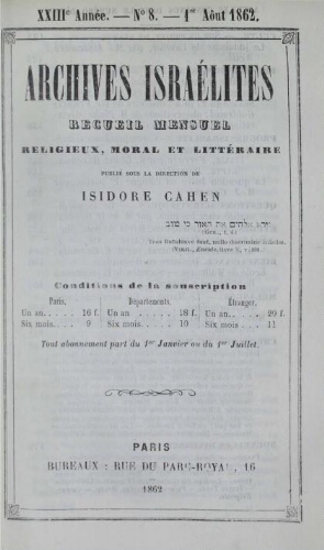Archives israélites de France. Vol.23 N°08 (août 1862)